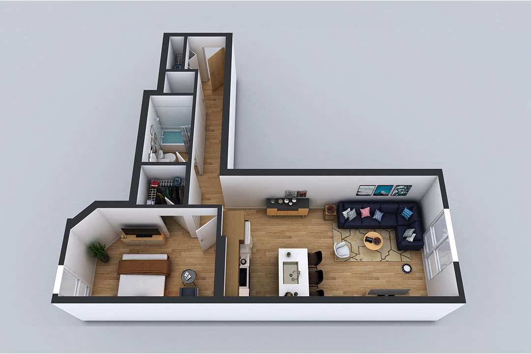 Floor plan for 1 bed, 1 bath, 638 sqft